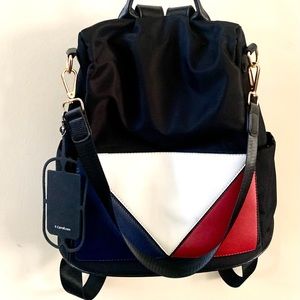 K Carroll black backpack vegan leather red white